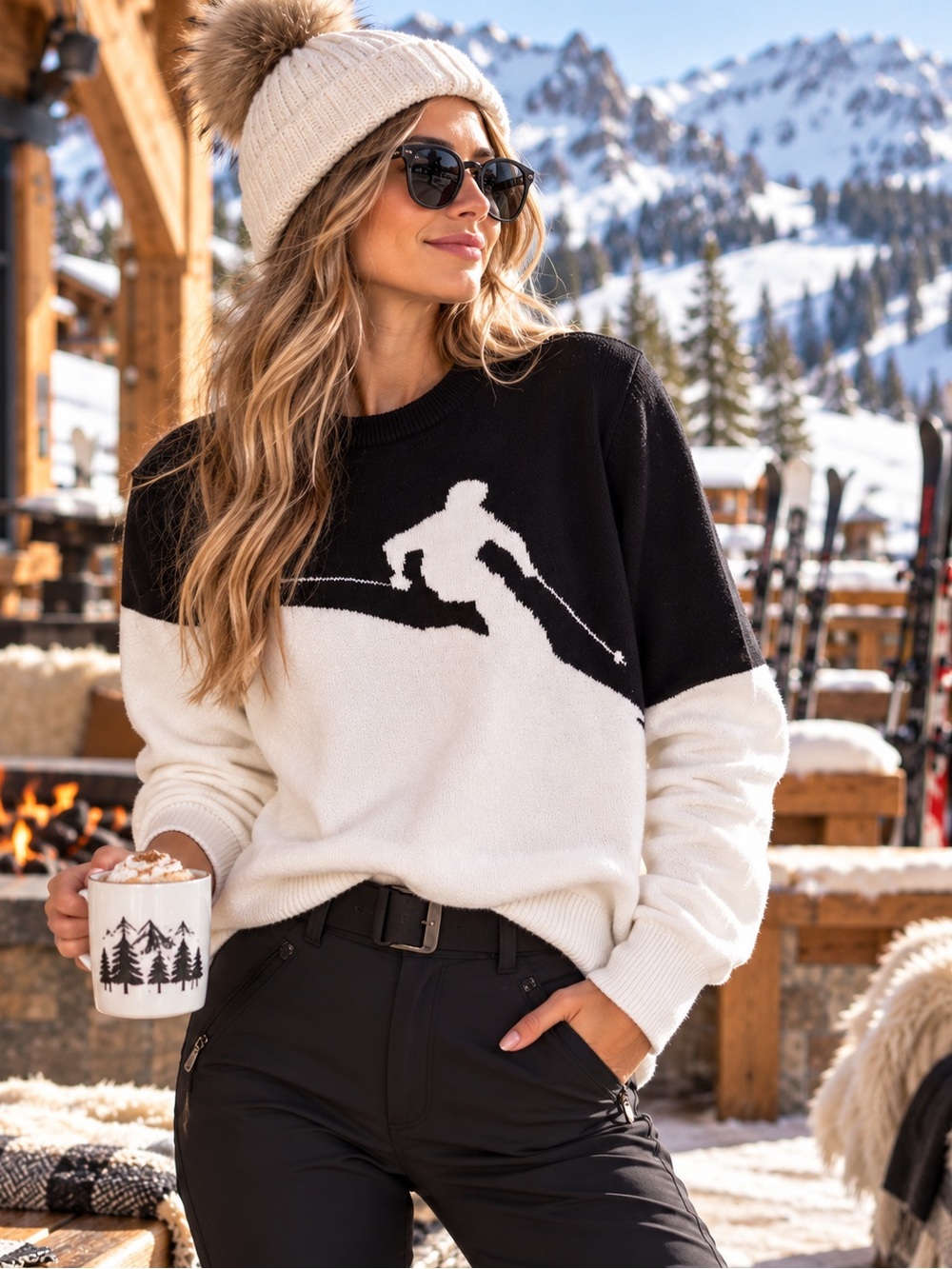 EXPRESS Ski Sweater Black Cream Skier Graphic Knit Retro Apres Ski Men’s M Wms L